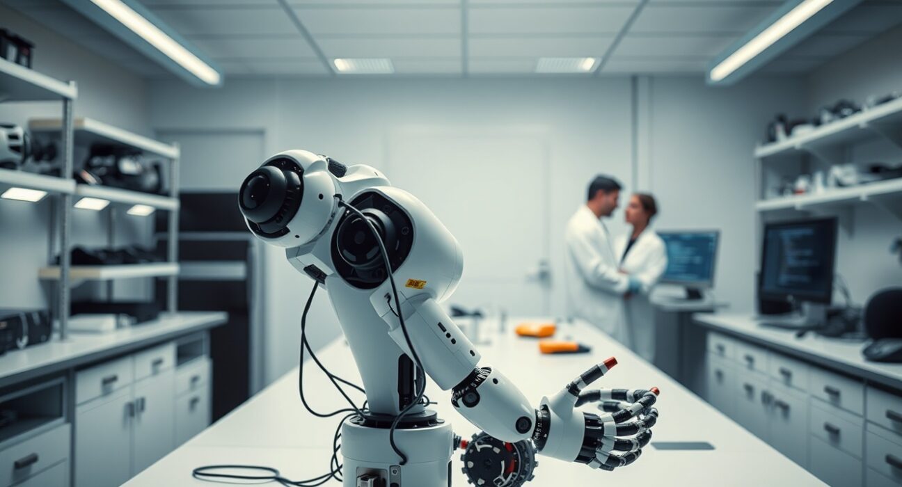 Interior of a modern robotics lab with a humanoid robot arm on a workbench, representing Physical Intelligence's robotics research.