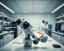 Interior of a modern robotics lab with a humanoid robot arm on a workbench, representing Physical Intelligence's robotics research.