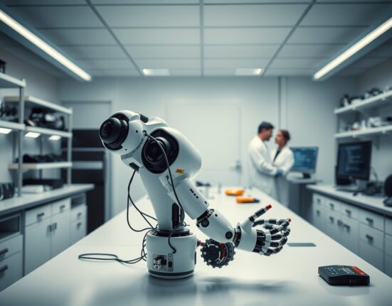 Interior of a modern robotics lab with a humanoid robot arm on a workbench, representing Physical Intelligence's robotics research.