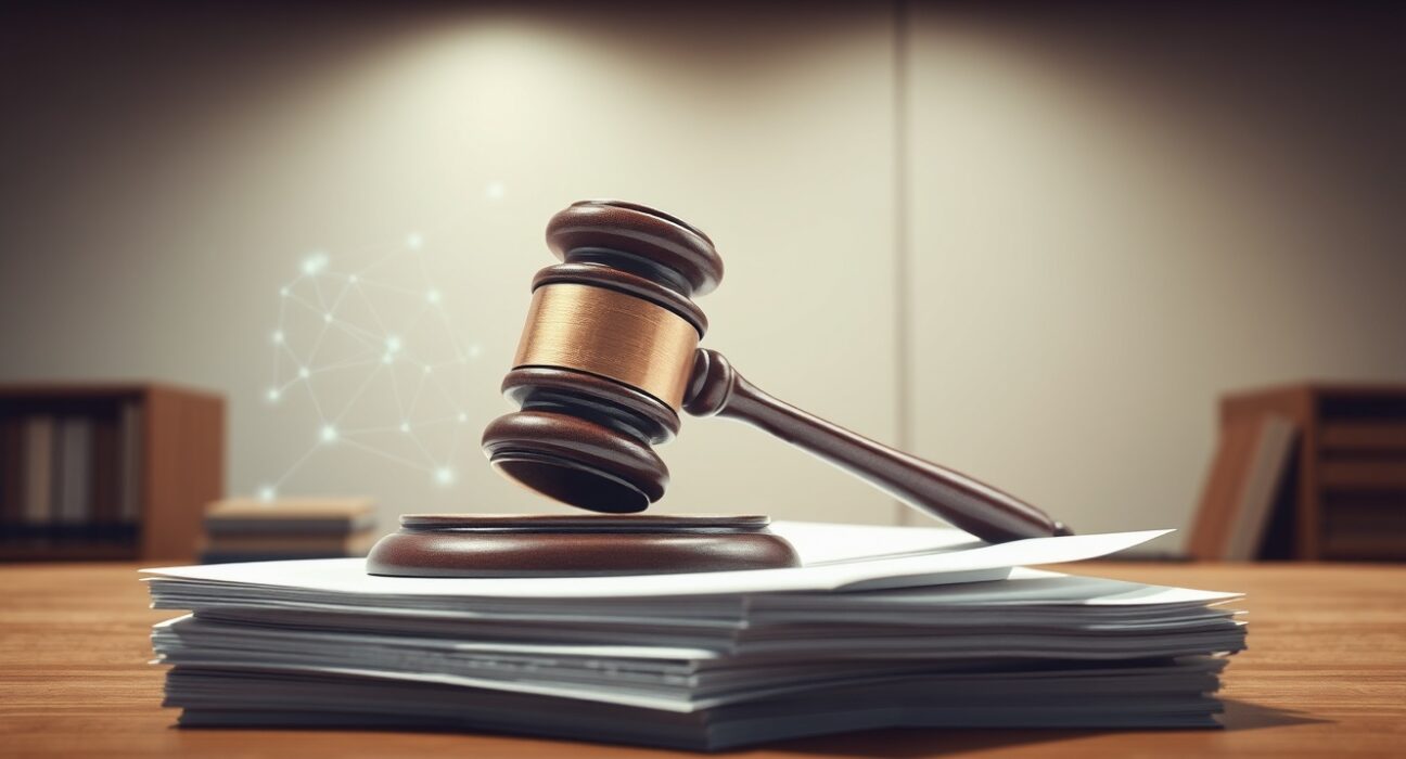 Legal gavel on documents representing the Anthropic lawsuit against the Defense Department over AI