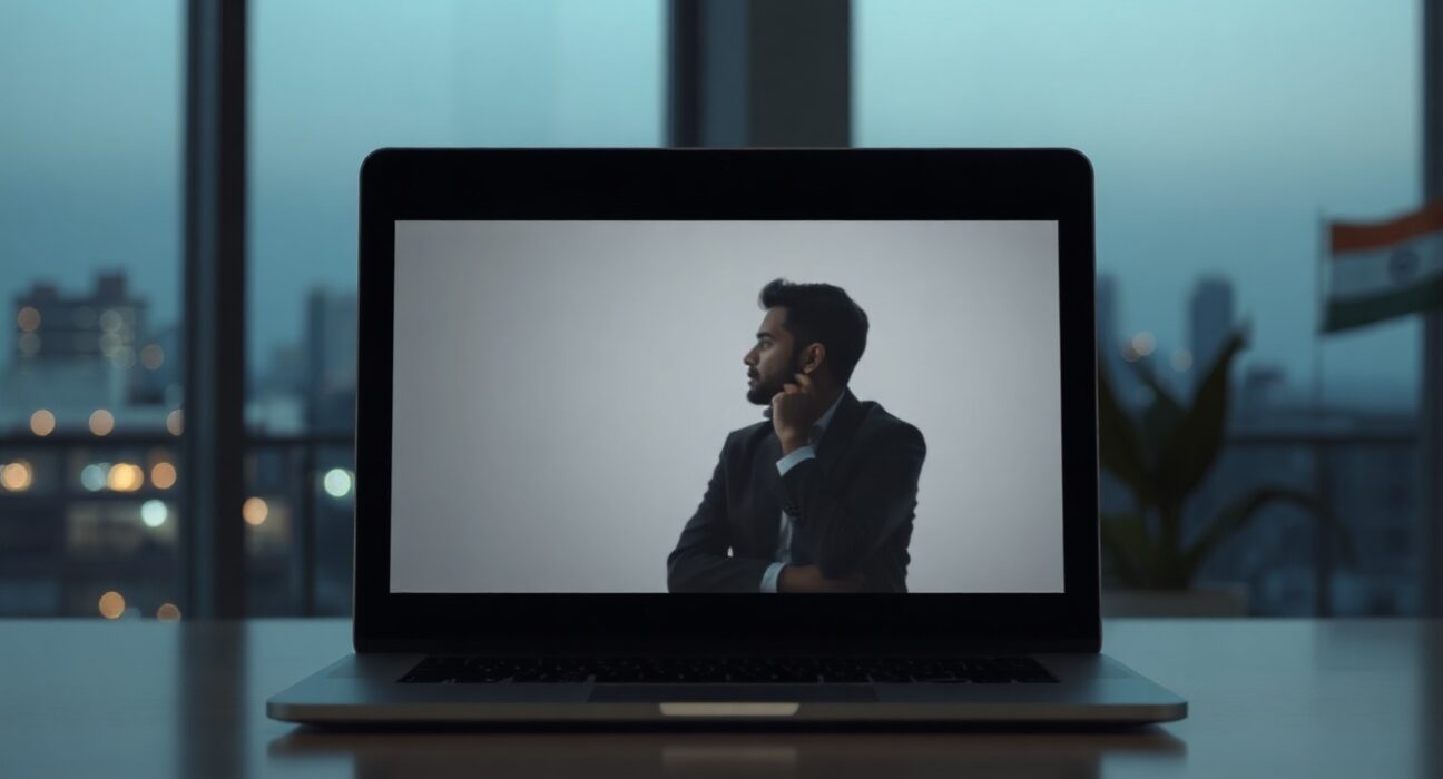 Laptop showing suspended AI access with reflection of Indian tech professional in Bengaluru office at dusk