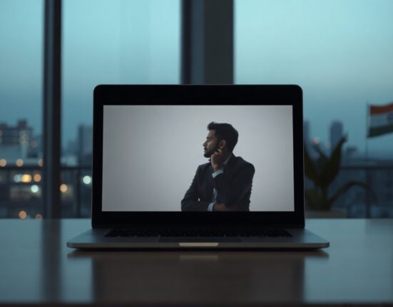 Laptop showing suspended AI access with reflection of Indian tech professional in Bengaluru office at dusk
