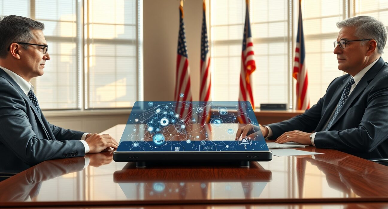 Anthropic CEO Dario Amodei in a policy meeting with Trump administration officials discussing AI collaboration.