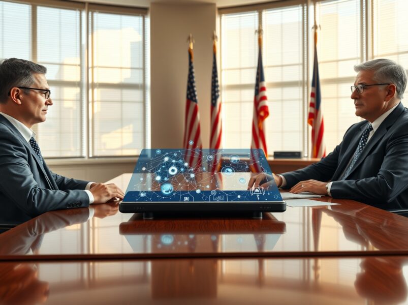 Anthropic CEO Dario Amodei in a policy meeting with Trump administration officials discussing AI collaboration.