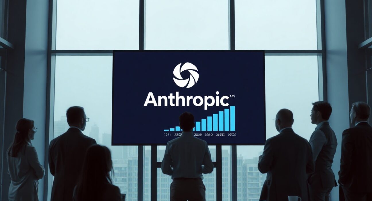 Anthropic logo displayed on a large screen in a modern office with professionals analyzing business data graphs.
