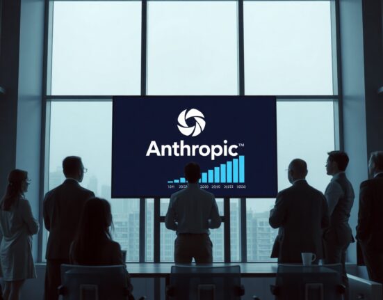 Anthropic logo displayed on a large screen in a modern office with professionals analyzing business data graphs.