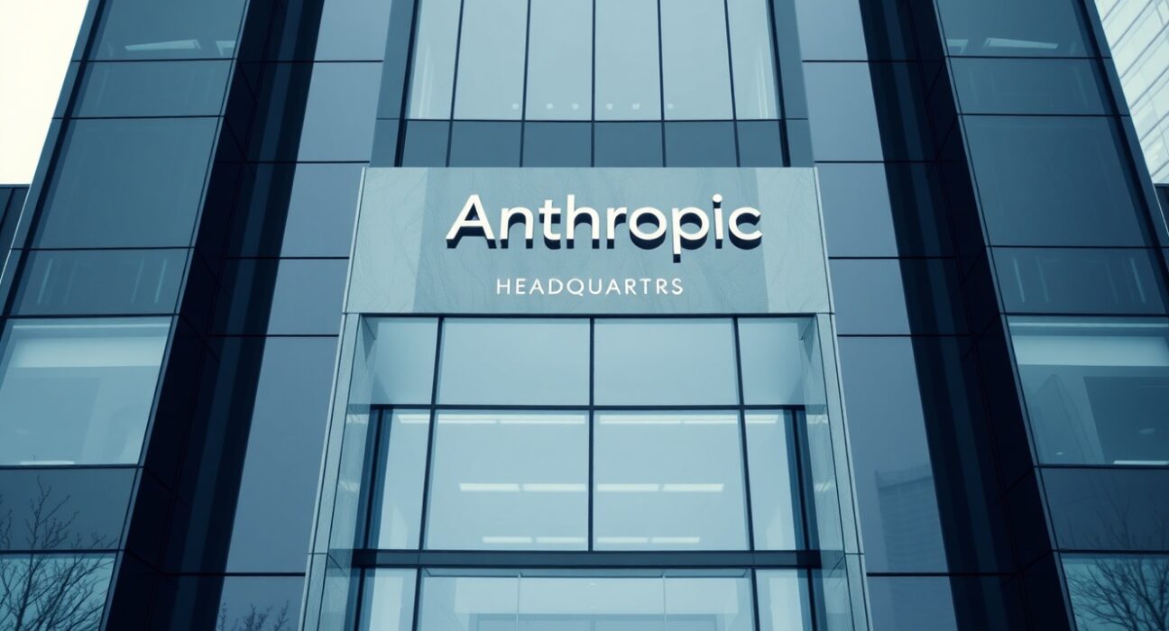 Modern office building representing Anthropic headquarters in overcast daylight