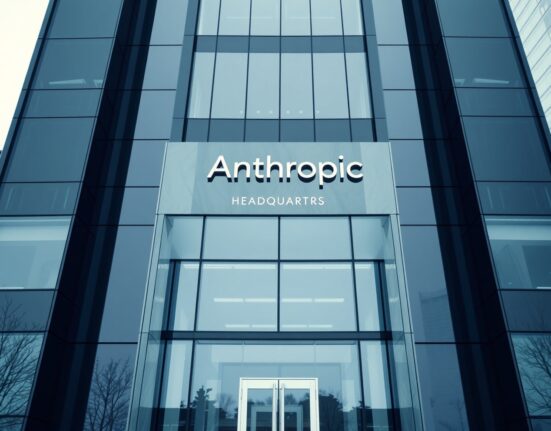 Modern office building representing Anthropic headquarters in overcast daylight