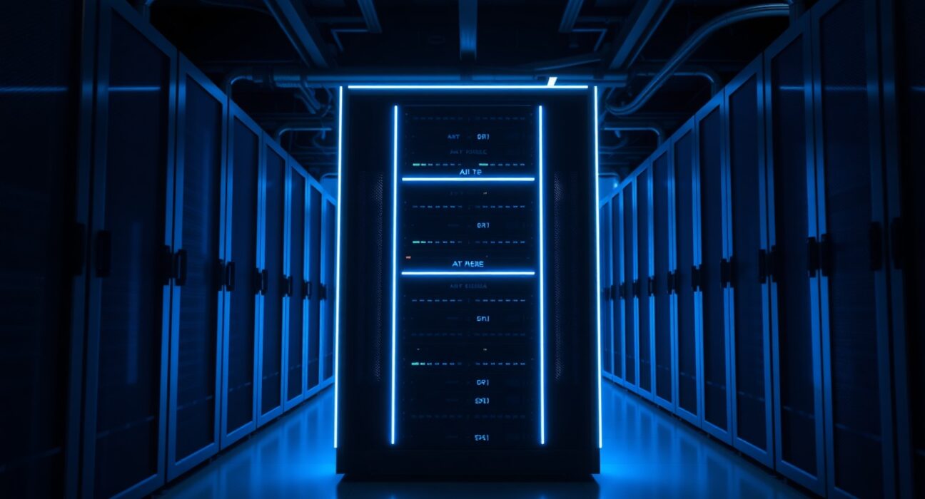 Modern data center server racks with blue lighting, representing Anthropic's AI infrastructure