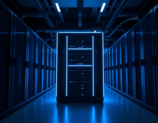 Modern data center server racks with blue lighting, representing Anthropic's AI infrastructure