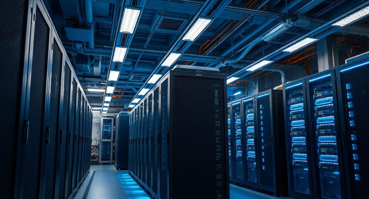 Interior of a large data center with server racks and Nvidia GPU systems