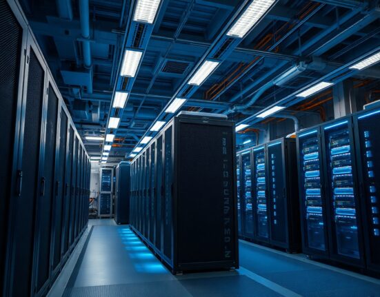 Interior of a large data center with server racks and Nvidia GPU systems