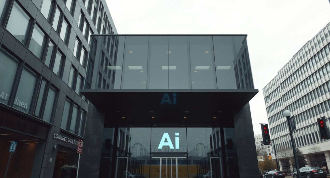 Exterior of a modern corporate building representing Anthropic's headquarters under overcast sky