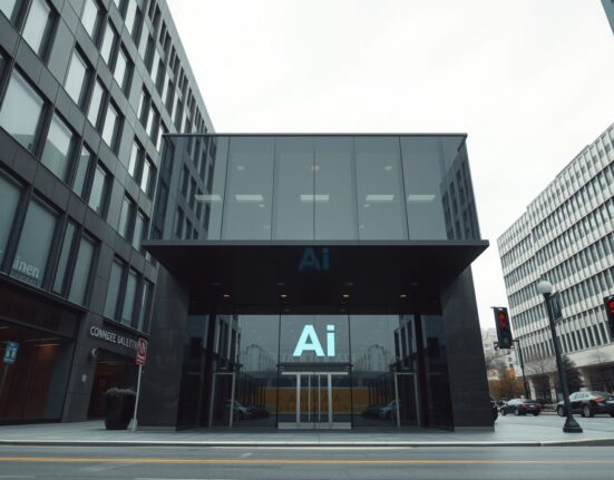 Exterior of a modern corporate building representing Anthropic's headquarters under overcast sky