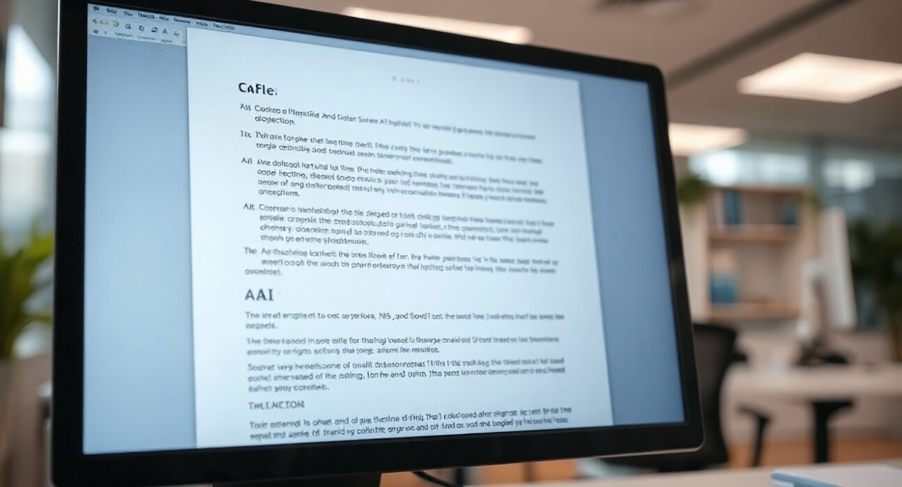 Close-up of a computer screen showing a document with a visible watermark pattern, representing AI text watermarking.