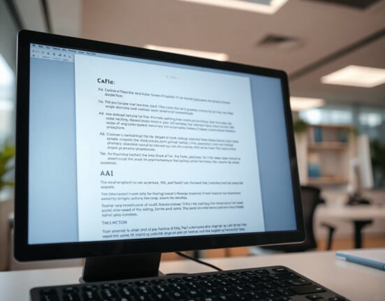 Close-up of a computer screen showing a document with a visible watermark pattern, representing AI text watermarking.