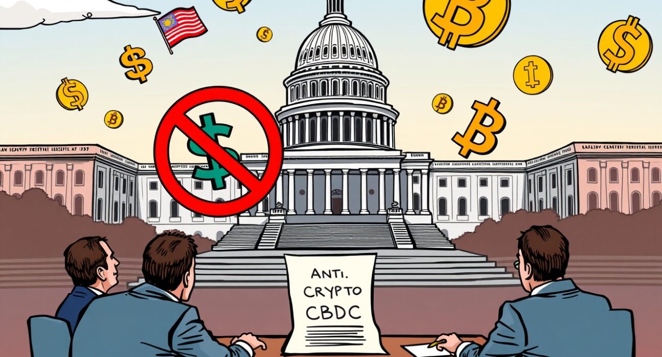 Cartoon illustrating U.S. lawmakers debating the Anti-CBDC act's inclusion in a new crypto market structure bill.