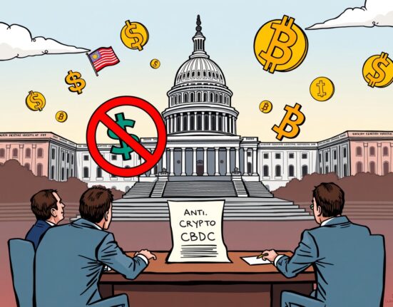 Cartoon illustrating U.S. lawmakers debating the Anti-CBDC act's inclusion in a new crypto market structure bill.