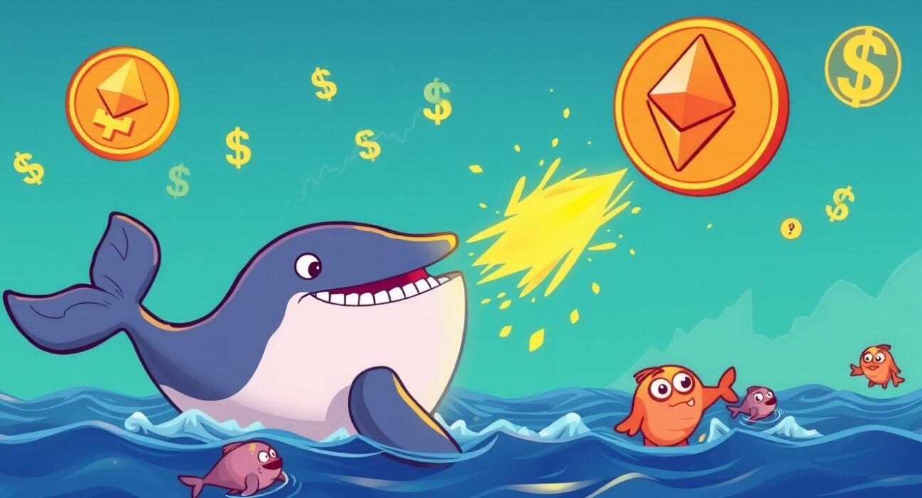 Anti-CZ whale cartoon flipping Ethereum coin for massive profit in cryptocurrency market