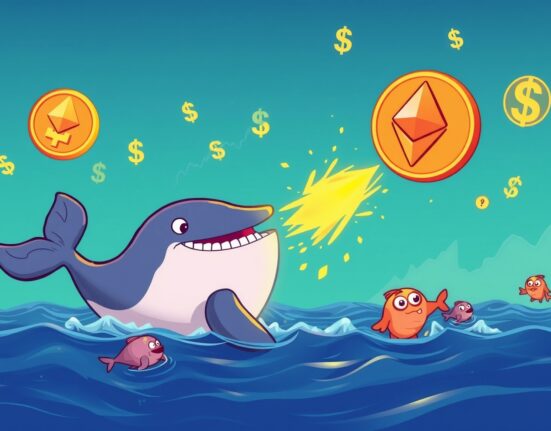 Anti-CZ whale cartoon flipping Ethereum coin for massive profit in cryptocurrency market