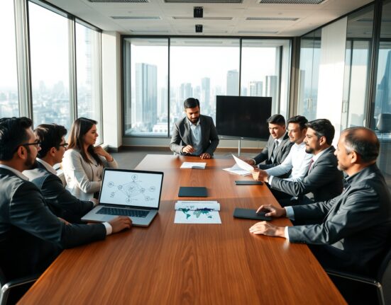 Business team in a boardroom meeting discussing blockchain strategy after a $3 million funding round.