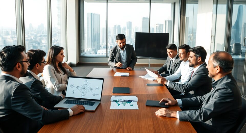 Business team in a boardroom meeting discussing blockchain strategy after a $3 million funding round.