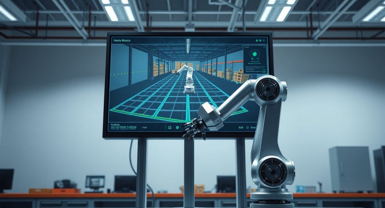 Antioch's physical AI simulation platform connecting virtual testing to real-world robotics hardware in a lab.