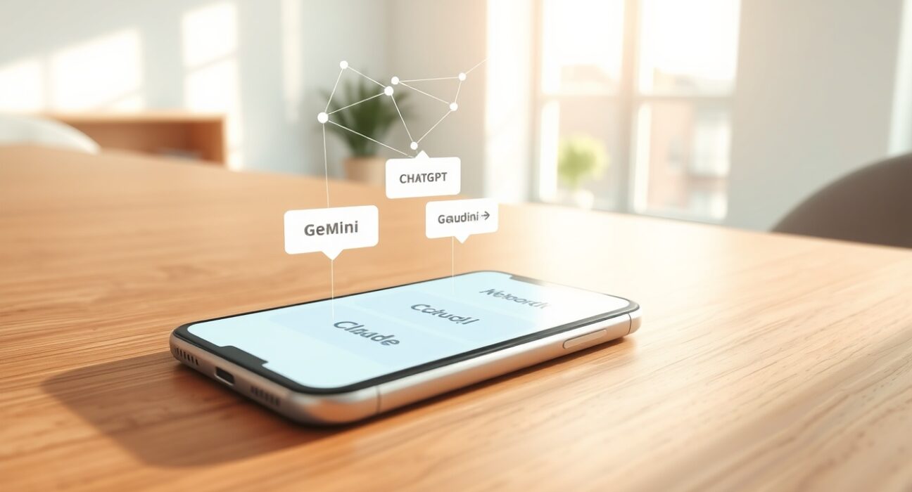 Anuma AI integration service app interface on smartphone showing ChatGPT, Gemini, and Claude chat bubbles with glowing network connections
