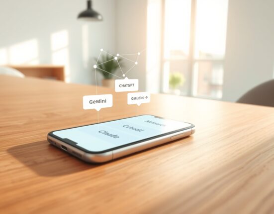 Anuma AI integration service app interface on smartphone showing ChatGPT, Gemini, and Claude chat bubbles with glowing network connections
