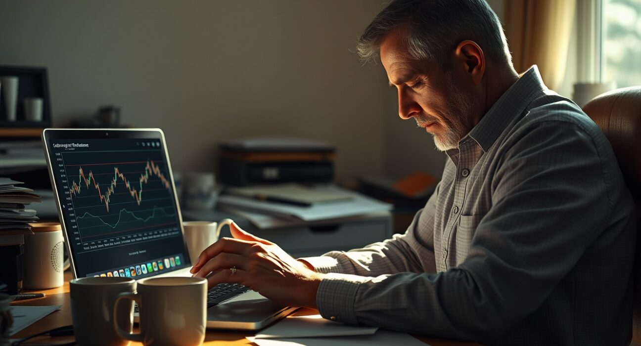 A man in a dim home office looking at a laptop with a downward crypto chart, conveying financial loss and exhaustion.