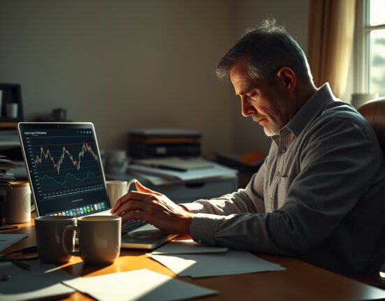 A man in a dim home office looking at a laptop with a downward crypto chart, conveying financial loss and exhaustion.
