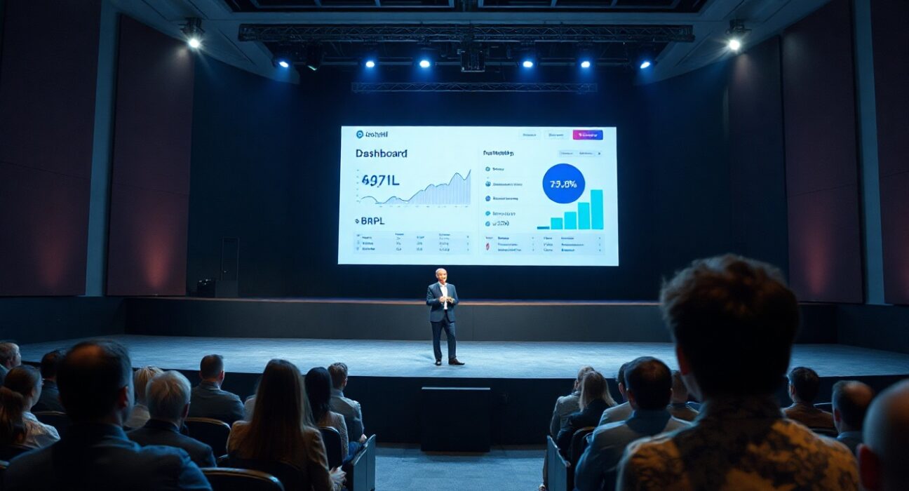 Presenter demonstrating Anvil's secured BNPL platform on stage at the Blockchain Futurist Conference.