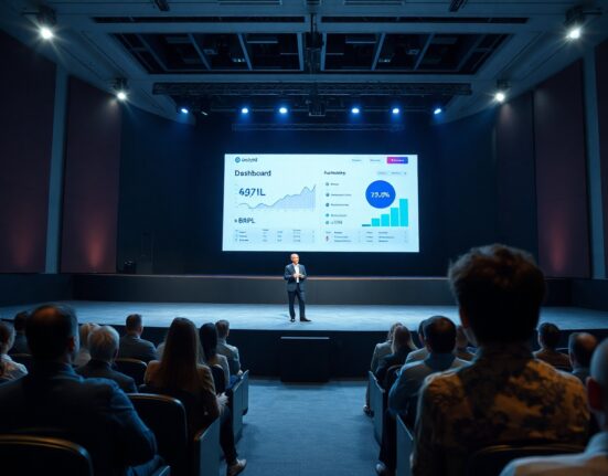 Presenter demonstrating Anvil's secured BNPL platform on stage at the Blockchain Futurist Conference.