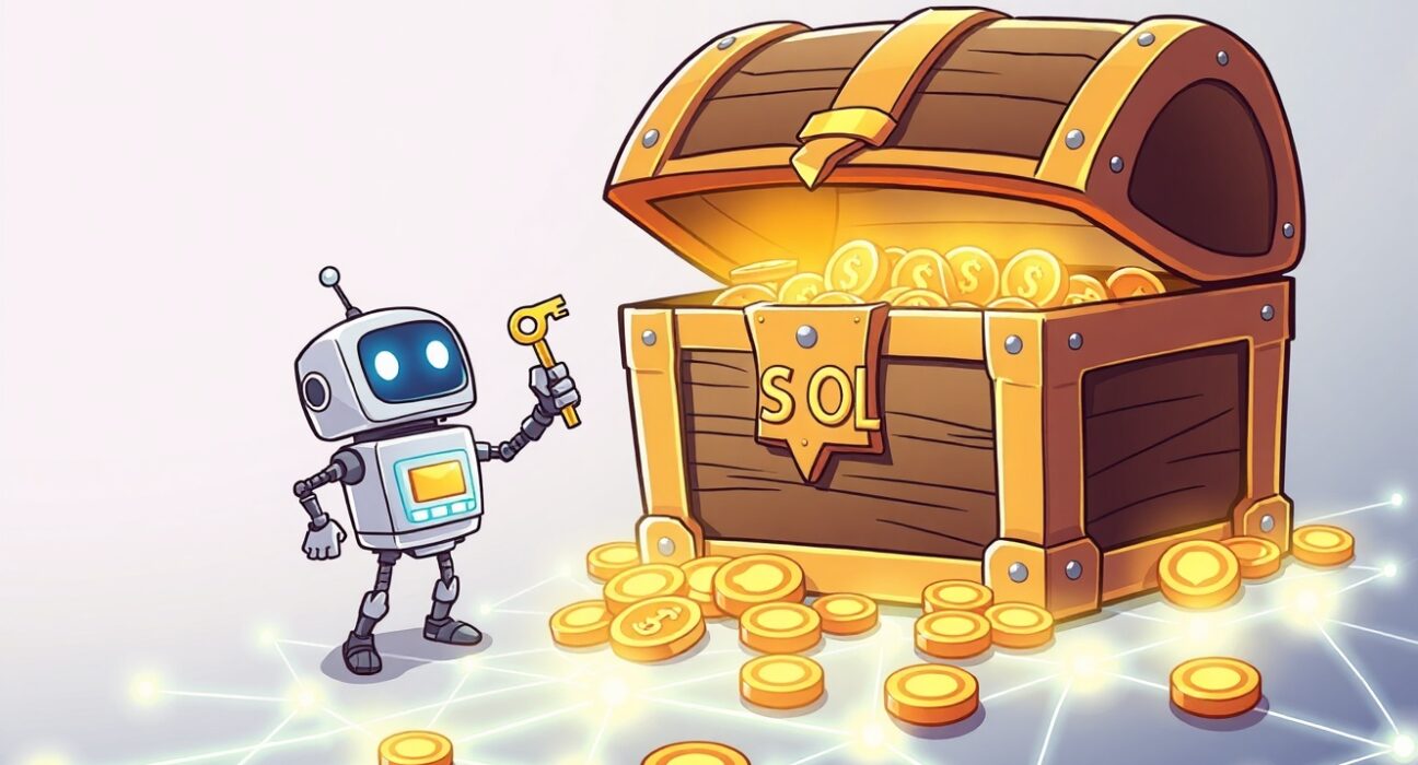 A cartoon robot unlocking a treasure chest of dormant SOL by reducing Solana account creation fees.