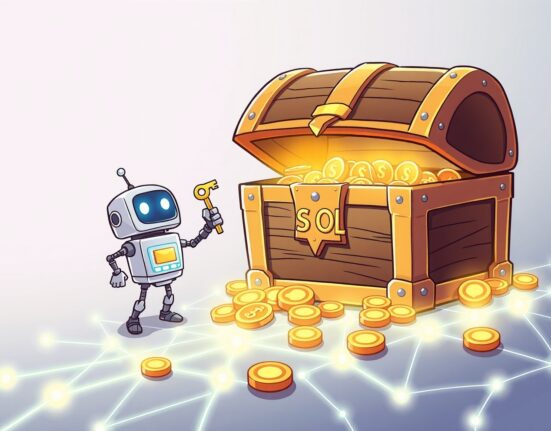 A cartoon robot unlocking a treasure chest of dormant SOL by reducing Solana account creation fees.