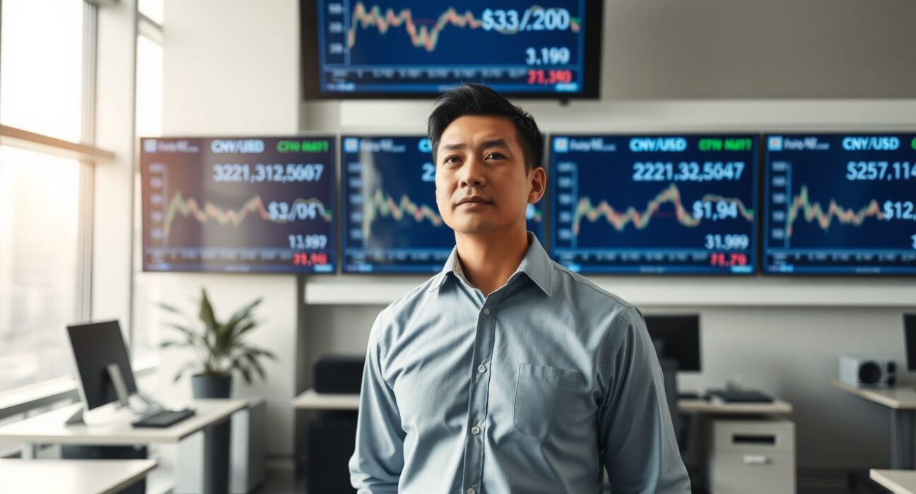 Financial analyst monitoring CNY and JPY currency charts on trading floor screens