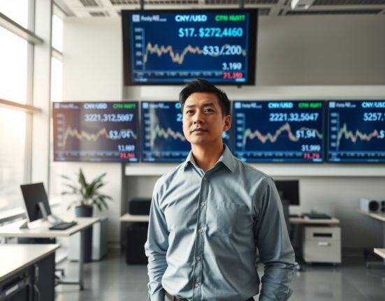 Financial analyst monitoring CNY and JPY currency charts on trading floor screens