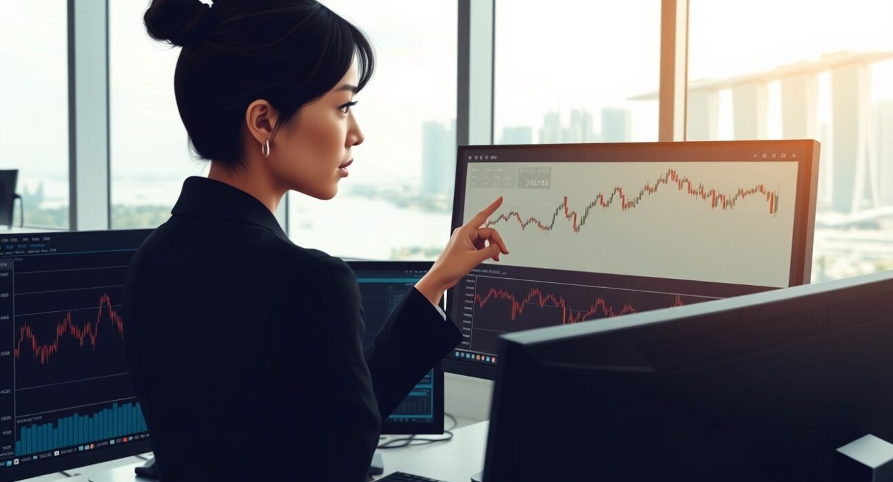 Financial analyst examines APAC FX market charts showing currency resilience and risks in Singapore office