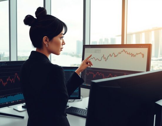 Financial analyst examines APAC FX market charts showing currency resilience and risks in Singapore office