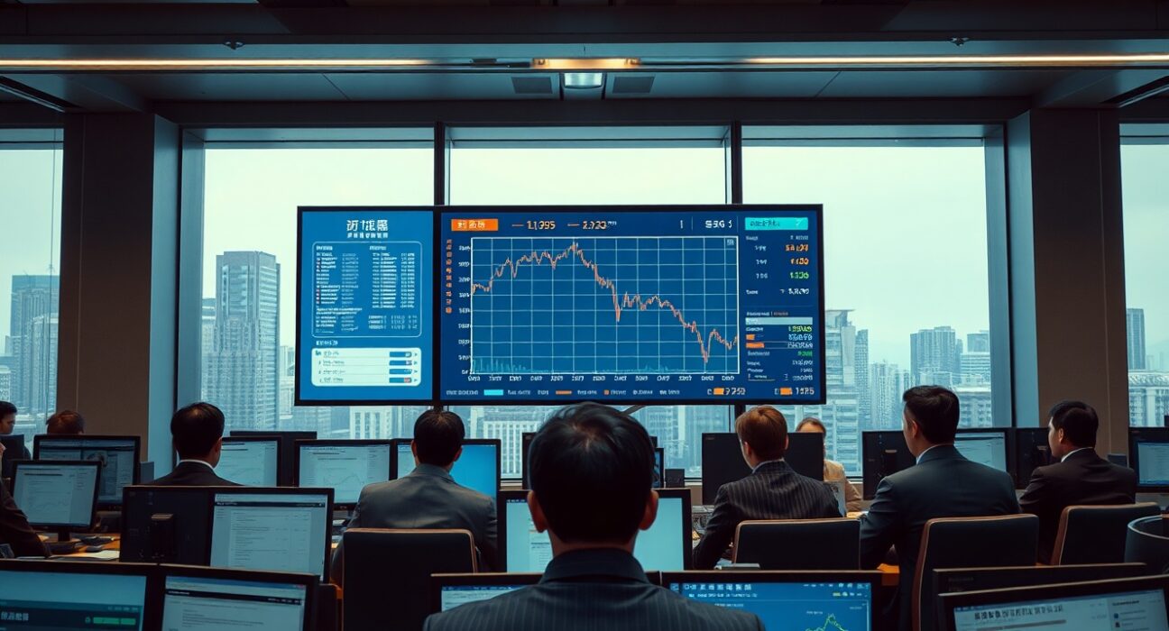 Traders analyzing bond yield charts on monitors in an Asia-Pacific financial trading floor