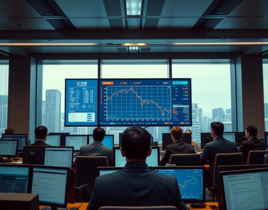 Traders analyzing bond yield charts on monitors in an Asia-Pacific financial trading floor