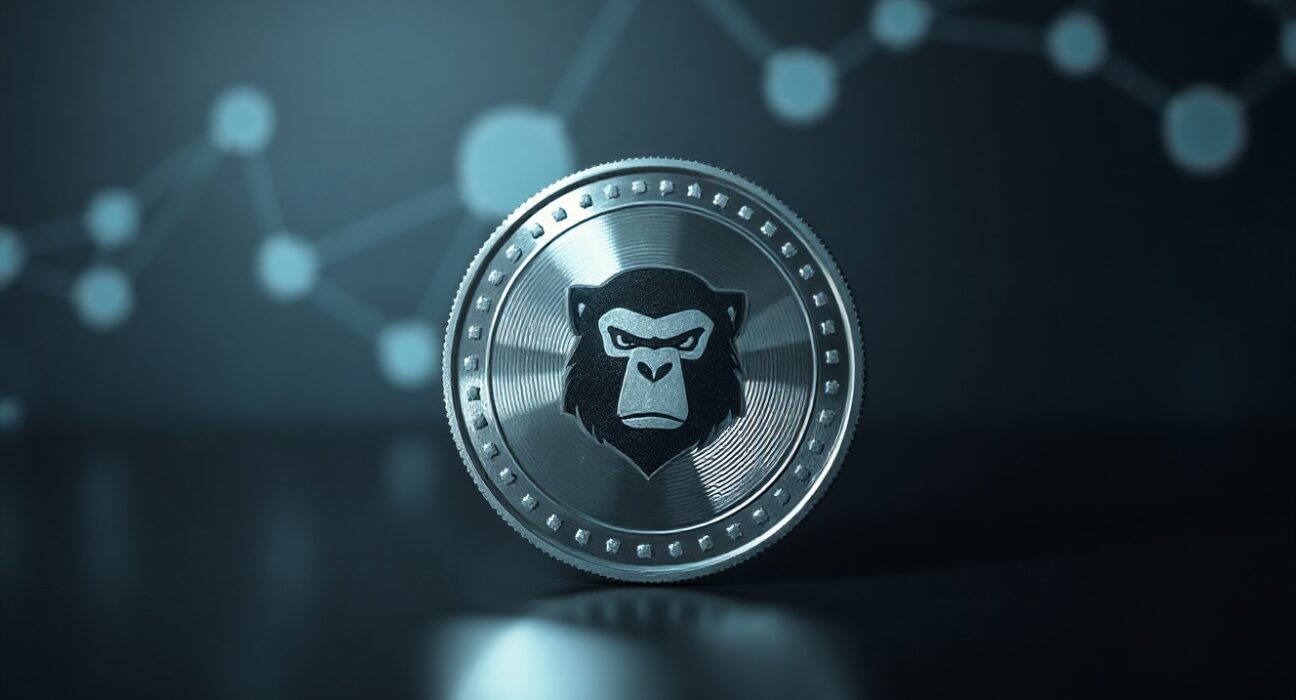 ApeCoin coin on a reflective surface with a faint blockchain network background.