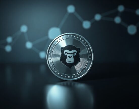 ApeCoin coin on a reflective surface with a faint blockchain network background.