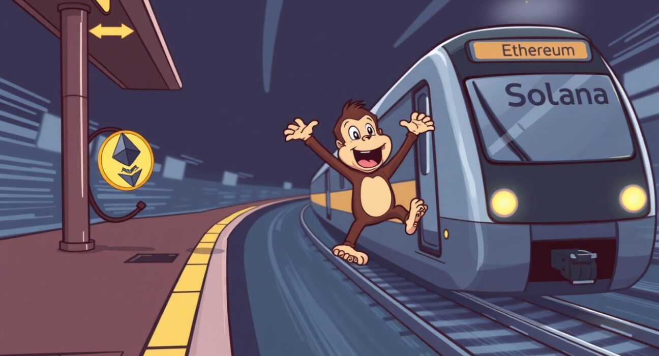 ApeCoin Solana expansion cartoon showing a monkey character moving from Ethereum to Solana, symbolizing faster blockchain transactions.