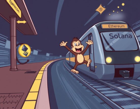 ApeCoin Solana expansion cartoon showing a monkey character moving from Ethereum to Solana, symbolizing faster blockchain transactions.