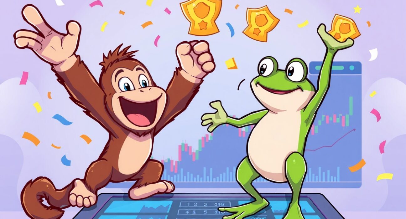 Cheerful cartoon ape and frog celebrating the APEPE promotional event on a digital exchange with rewards.