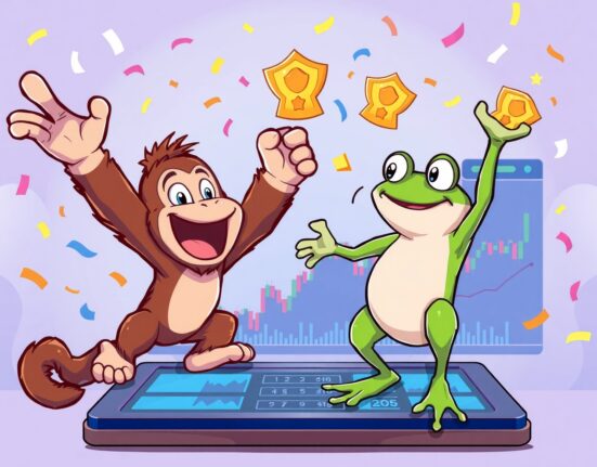 Cheerful cartoon ape and frog celebrating the APEPE promotional event on a digital exchange with rewards.
