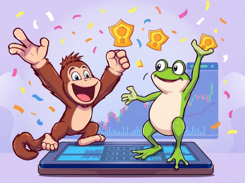 Cheerful cartoon ape and frog celebrating the APEPE promotional event on a digital exchange with rewards.