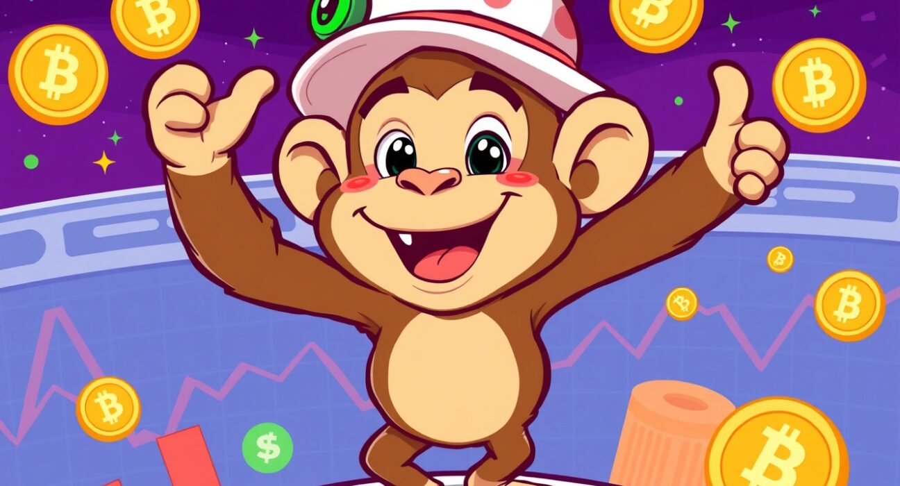 Playful APEPE memecoin character celebrating exchange listing with cryptocurrency symbols