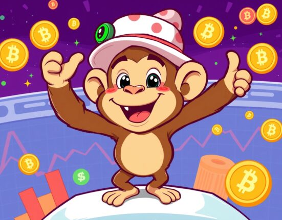 Playful APEPE memecoin character celebrating exchange listing with cryptocurrency symbols